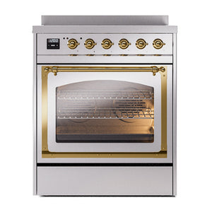 ILVE Nostalgie II 30-Inch Induction Range with 4 Induction Elements, 3.5 cu. ft. Oven, Stainless Steel with Brass Trim, Triple Glass Door, UNI304NMPSSG