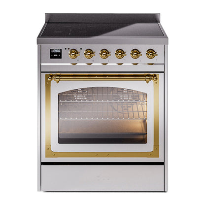 ILVE Nostalgie II 30-Inch Induction Range with 4 Induction Elements, 3.5 cu. ft. Oven, Stainless Steel with Brass Trim, Triple Glass Door, UNI304NMPSSG
