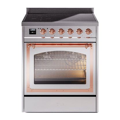 ILVE Nostalgie II 30-Inch Induction Range with 4 Induction Elements, 3.5 cu. ft. Oven, Stainless Steel with Copper Trim, Triple Glass Door, UNI304NMPSSP