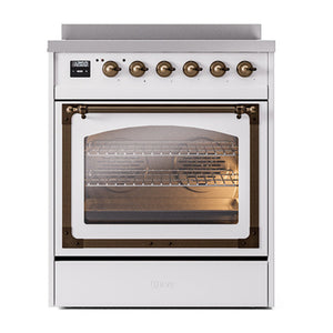 ILVE Nostalgie II 30-Inch Induction Range with 4 Induction Elements, 3.5 cu. ft. Oven, White with Burnished Trim, Triple Glass Door, UNI304NMPWHB