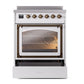 ILVE Nostalgie II 30-Inch Induction Range with 4 Induction Elements, 3.5 cu. ft. Oven, White with Burnished Trim, Triple Glass Door, UNI304NMPWHB