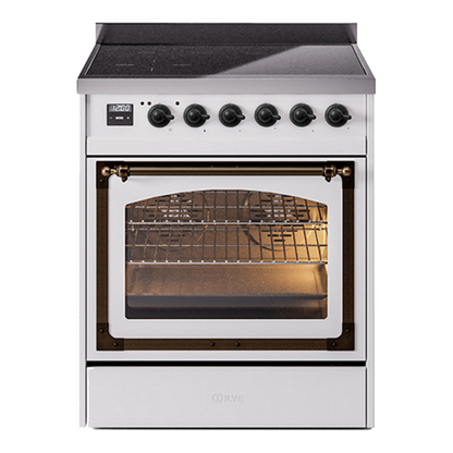 ILVE Nostalgie II 30-Inch Induction Range with 4 Induction Elements, 3.5 cu. ft. Oven, White with Burnished Trim, Triple Glass Door, UNI304NMPWHB