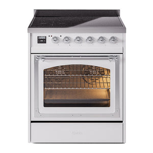 ILVE Nostalgie II 30-Inch Induction Range with 4 Induction Elements, 3.5 cu. ft. Oven, White with Chrome Trim, Triple Glass Door, UNI304NMPWHC