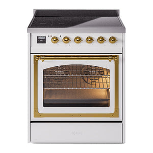 ILVE Nostalgie II 30-Inch Induction Range with 4 Induction Elements, 3.5 cu. ft. Oven, White with Brass Trim, Triple Glass Door, UNI304NMPWHG