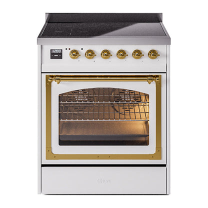 ILVE Nostalgie II 30-Inch Induction Range with 4 Induction Elements, 3.5 cu. ft. Oven, White with Brass Trim, Triple Glass Door, UNI304NMPWHG