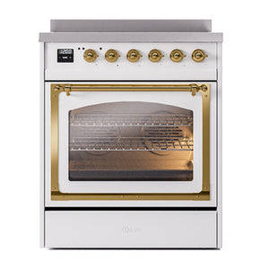 ILVE Nostalgie II 30-Inch Induction Range with 4 Induction Elements, 3.5 cu. ft. Oven, White with Brass Trim, Triple Glass Door, UNI304NMPWHG
