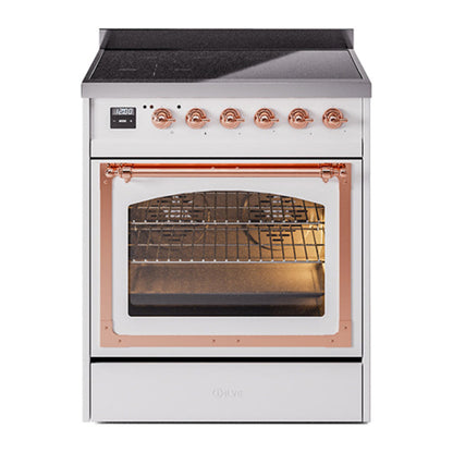 ILVE Nostalgie II 30-Inch Induction Range with 4 Induction Elements, 3.5 cu. ft. Oven, White with Copper Trim, Triple Glass Door, UNI304NMPWHP