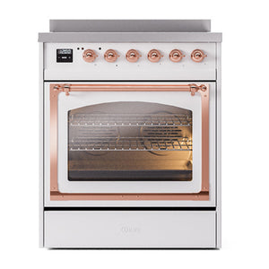 ILVE Nostalgie II 30-Inch Induction Range with 4 Induction Elements, 3.5 cu. ft. Oven, White with Copper Trim, Triple Glass Door, UNI304NMPWHP