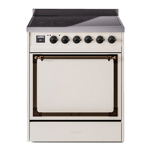 ILVE Nostalgie II 30-Inch Induction Range with 4 Induction Elements, 3.5 cu. ft. Oven, Antique White with Burnished Trim, Solid Door, UNI304QNMPAWB