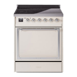ILVE Nostalgie II 30-Inch Induction Range with 4 Induction Elements, 3.5 cu. ft. Oven, Antique White with Chrome Trim, Solid Door, UNI304QNMPAWC