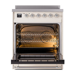ILVE Nostalgie II 30-Inch Induction Range with 4 Induction Elements, 3.5 cu. ft. Oven, Antique White with Chrome Trim, Solid Door, UNI304QNMPAWC
