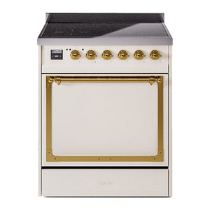 ILVE Nostalgie II 30-Inch Induction Range with 4 Induction Elements, 3.5 cu. ft. Oven, Antique White with Brass Trim, Solid Door, UNI304QNMPAWG