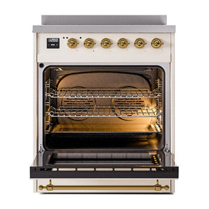 ILVE Nostalgie II 30-Inch Induction Range with 4 Induction Elements, 3.5 cu. ft. Oven, Antique White with Brass Trim, Solid Door, UNI304QNMPAWG
