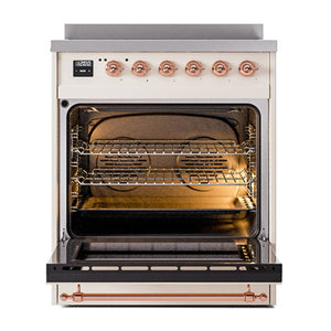 ILVE Nostalgie II 30-Inch Induction Range with 4 Induction Elements, 3.5 cu. ft. Oven, Antique White with Copper Trim, Solid Door, UNI304QNMPAWP