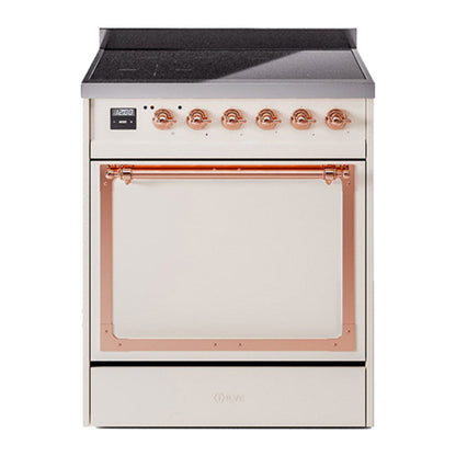 ILVE Nostalgie II 30-Inch Induction Range with 4 Induction Elements, 3.5 cu. ft. Oven, Antique White with Copper Trim, Solid Door, UNI304QNMPAWP