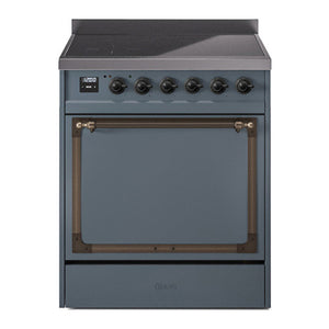 ILVE Nostalgie II 30-Inch Induction Range with 4 Induction Elements, 3.5 cu. ft. Oven, Blue Grey with Burnished Trim, Solid Door, UNI304QNMPBGB