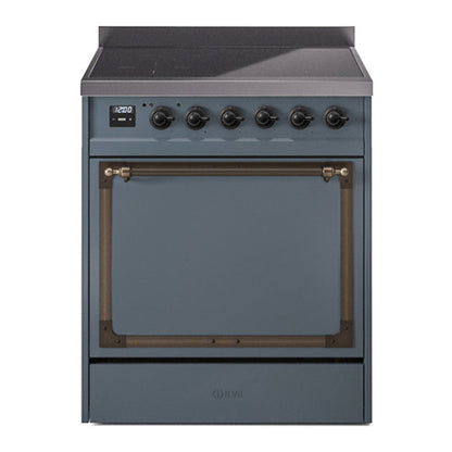 ILVE Nostalgie II 30-Inch Induction Range with 4 Induction Elements, 3.5 cu. ft. Oven, Blue Grey with Burnished Trim, Solid Door, UNI304QNMPBGB