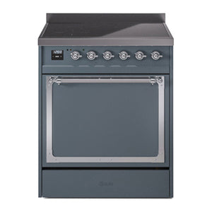ILVE Nostalgie II 30-Inch Induction Range with 4 Induction Elements, 3.5 cu. ft. Oven, Blue Grey with Chrome Trim, Solid Door, UNI304QNMPBGC