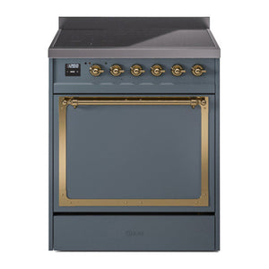 ILVE Nostalgie II 30-Inch Induction Range with 4 Induction Elements, 3.5 cu. ft. Oven, Blue Grey with Brass Trim, Solid Door, UNI304QNMPBGG