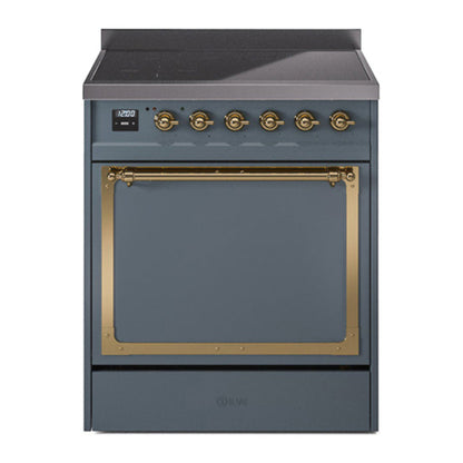 ILVE Nostalgie II 30-Inch Induction Range with 4 Induction Elements, 3.5 cu. ft. Oven, Blue Grey with Brass Trim, Solid Door, UNI304QNMPBGG