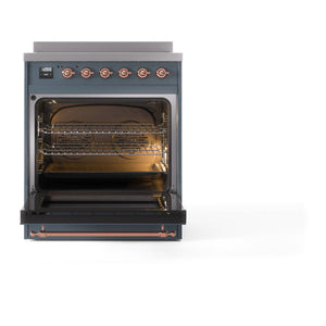 ILVE Nostalgie II 30-Inch Induction Range with 4 Induction Elements, 3.5 cu. ft. Oven, Blue Grey with Copper Trim, Solid Door, UNI304QNMPBGP