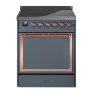 ILVE Nostalgie II 30-Inch Induction Range with 4 Induction Elements, 3.5 cu. ft. Oven, Blue Grey with Copper Trim, Solid Door, UNI304QNMPBGP