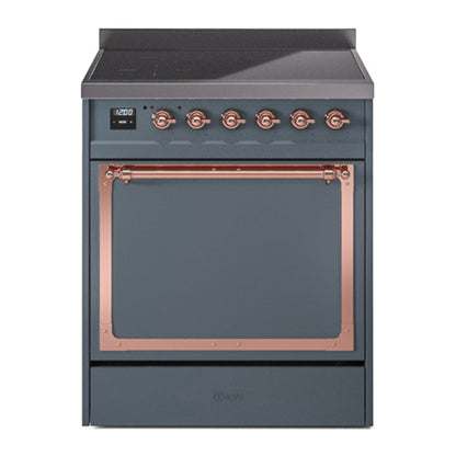 ILVE Nostalgie II 30-Inch Induction Range with 4 Induction Elements, 3.5 cu. ft. Oven, Blue Grey with Copper Trim, Solid Door, UNI304QNMPBGP