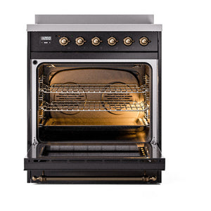 ILVE Nostalgie II 30-Inch Induction Range with 4 Induction Elements, 3.5 cu. ft. Oven, Glossy Black with Burnished Trim, Solid Door, UNI304QNMPBKB