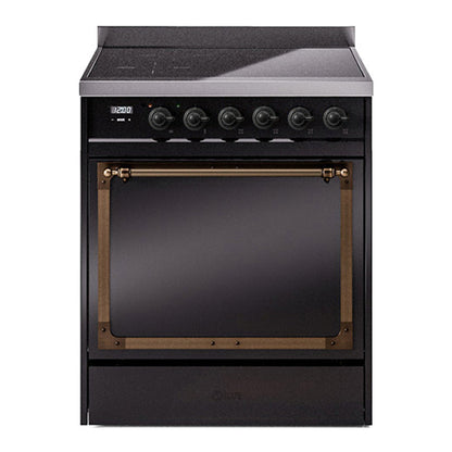ILVE Nostalgie II 30-Inch Induction Range with 4 Induction Elements, 3.5 cu. ft. Oven, Glossy Black with Burnished Trim, Solid Door, UNI304QNMPBKB