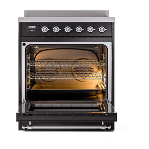 ILVE Nostalgie II 30-Inch Induction Range with 4 Induction Elements, 3.5 cu. ft. Oven, Glossy Black with Chrome Trim, Solid Door, UNI304QNMPBKC