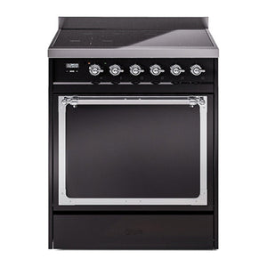 ILVE Nostalgie II 30-Inch Induction Range with 4 Induction Elements, 3.5 cu. ft. Oven, Glossy Black with Chrome Trim, Solid Door, UNI304QNMPBKC