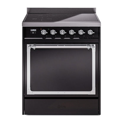 ILVE Nostalgie II 30-Inch Induction Range with 4 Induction Elements, 3.5 cu. ft. Oven, Glossy Black with Chrome Trim, Solid Door, UNI304QNMPBKC