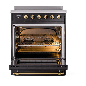 ILVE Nostalgie II 30-Inch Induction Range with 4 Induction Elements, 3.5 cu. ft. Oven, Glossy Black with Brass Trim, Solid Door, UNI304QNMPBKG