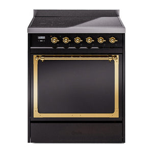 ILVE Nostalgie II 30-Inch Induction Range with 4 Induction Elements, 3.5 cu. ft. Oven, Glossy Black with Brass Trim, Solid Door, UNI304QNMPBKG