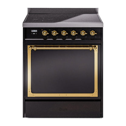 ILVE Nostalgie II 30-Inch Induction Range with 4 Induction Elements, 3.5 cu. ft. Oven, Glossy Black with Brass Trim, Solid Door, UNI304QNMPBKG