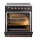 ILVE Nostalgie II 30-Inch Induction Range with 4 Induction Elements, 3.5 cu. ft. Oven, Glossy Black with Copper Trim, Solid Door, UNI304QNMPBKP