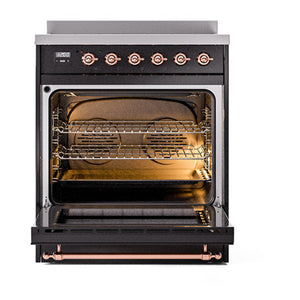 ILVE Nostalgie II 30-Inch Induction Range with 4 Induction Elements, 3.5 cu. ft. Oven, Glossy Black with Copper Trim, Solid Door, UNI304QNMPBKP