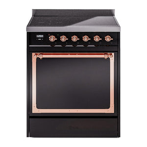 ILVE Nostalgie II 30-Inch Induction Range with 4 Induction Elements, 3.5 cu. ft. Oven, Glossy Black with Copper Trim, Solid Door, UNI304QNMPBKP