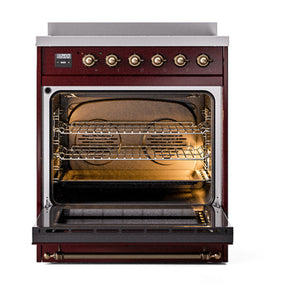ILVE Nostalgie II 30-Inch Induction Range with 4 Induction Elements, 3.5 cu. ft. Oven, Burgundy with Burnished Trim, Solid Door, UNI304QNMPBUB