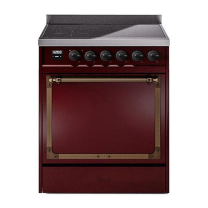 ILVE Nostalgie II 30-Inch Induction Range with 4 Induction Elements, 3.5 cu. ft. Oven, Burgundy with Burnished Trim, Solid Door, UNI304QNMPBUB