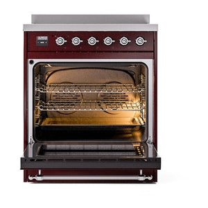 ILVE Nostalgie II 30-Inch Induction Range with 4 Induction Elements, 3.5 cu. ft. Oven, Burgundy with Chrome Trim, Solid Door, UNI304QNMPBUC