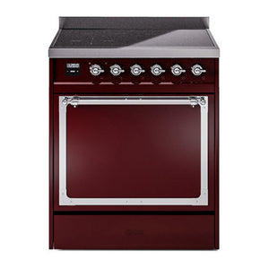 ILVE Nostalgie II 30-Inch Induction Range with 4 Induction Elements, 3.5 cu. ft. Oven, Burgundy with Chrome Trim, Solid Door, UNI304QNMPBUC