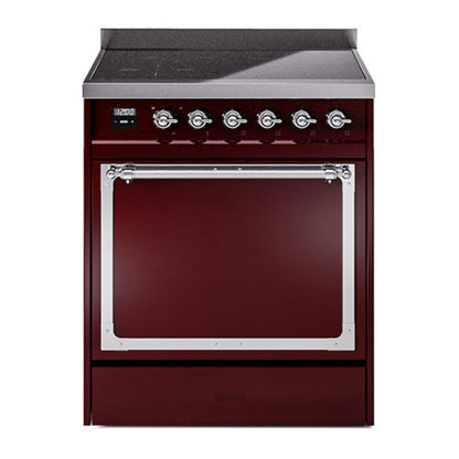 ILVE Nostalgie II 30-Inch Induction Range with 4 Induction Elements, 3.5 cu. ft. Oven, Burgundy with Chrome Trim, Solid Door, UNI304QNMPBUC