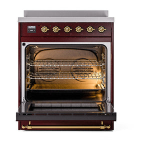 ILVE Nostalgie II 30-Inch Induction Range with 4 Induction Elements, 3.5 cu. ft. Oven, Burgundy with Brass Trim, Solid Door, UNI304QNMPBUG