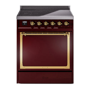 ILVE Nostalgie II 30-Inch Induction Range with 4 Induction Elements, 3.5 cu. ft. Oven, Burgundy with Brass Trim, Solid Door, UNI304QNMPBUG
