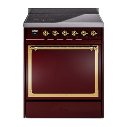 ILVE Nostalgie II 30-Inch Induction Range with 4 Induction Elements, 3.5 cu. ft. Oven, Burgundy with Brass Trim, Solid Door, UNI304QNMPBUG
