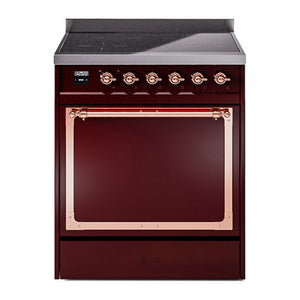 ILVE Nostalgie II 30-Inch Induction Range with 4 Induction Elements, 3.5 cu. ft. Oven, Burgundy with Copper Trim, Solid Door, UNI304QNMPBUP