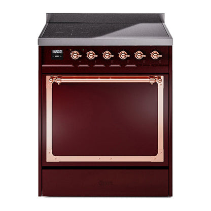 ILVE Nostalgie II 30-Inch Induction Range with 4 Induction Elements, 3.5 cu. ft. Oven, Burgundy with Copper Trim, Solid Door, UNI304QNMPBUP
