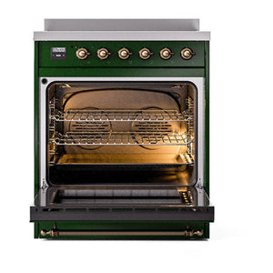 ILVE Nostalgie II 30-Inch Induction Range with 4 Induction Elements, 3.5 cu. ft. Oven, Emerald Green with Burnished Trim, Solid Door, UNI304QNMPEGB