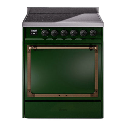 ILVE Nostalgie II 30-Inch Induction Range with 4 Induction Elements, 3.5 cu. ft. Oven, Emerald Green with Burnished Trim, Solid Door, UNI304QNMPEGB